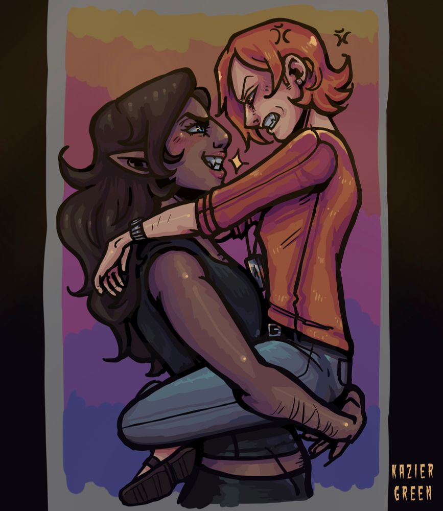 Dean holding up alec grinning slyly while alec looks down at him with an annoyed expression, but let me be clear this man is a pathetic gay blushing mess and loves being picked up but hed never tell. The back ground is a yellow to red to blue gradient. Deans lookin a little goth . 