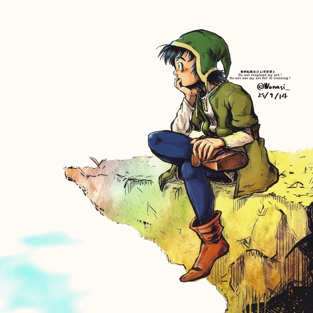 ドラクエ7の主人公が崖っぷちに座って、海を見ながら物思いに更けている様子を描いたイラストです。