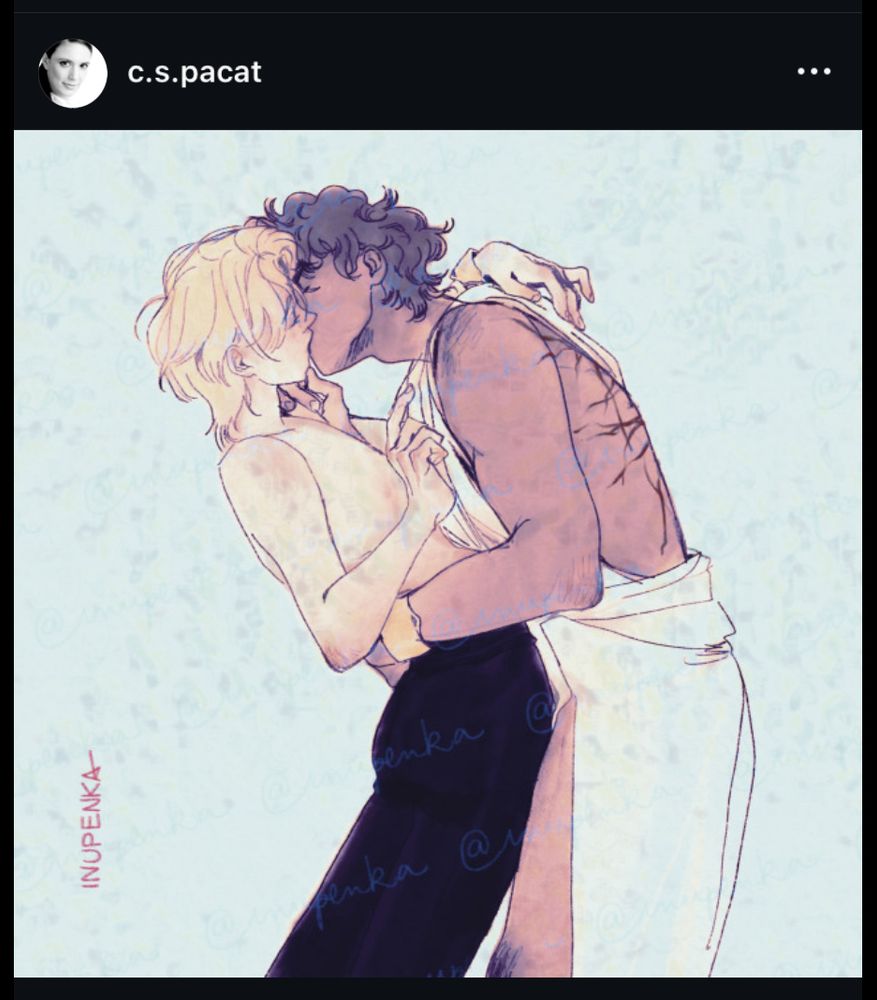 Screen capture of an instagram post coming from the official account of C.S.Pacat for fanart Friday tradition over my melting kiss piece of art of Laurent and Damen 