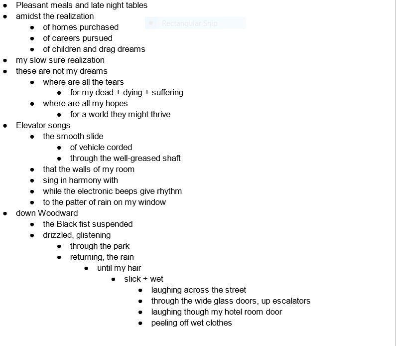 Pleasant meals and late night tables
amidst the realization
of homes purchased
of careers pursued
of children and drag dreams
my slow sure realization
these are not my dreams
where are all the tears
for my dead + dying + suffering
where are all my hopes
for a world they might thrive
Elevator songs
the smooth slide
of vehicle corded
through the well-greased shaft
that the walls of my room
sing in harmony with
while the electronic beeps give rhythm
to the patter of rain on my window
down Woodward
the Black fist suspended
drizzled, glistening
through the park
returning, the rain
until my hair
slick + wet
laughing across the street
through the wide glass doors, up escalators
laughing though my hotel room door
peeling off wet clothes