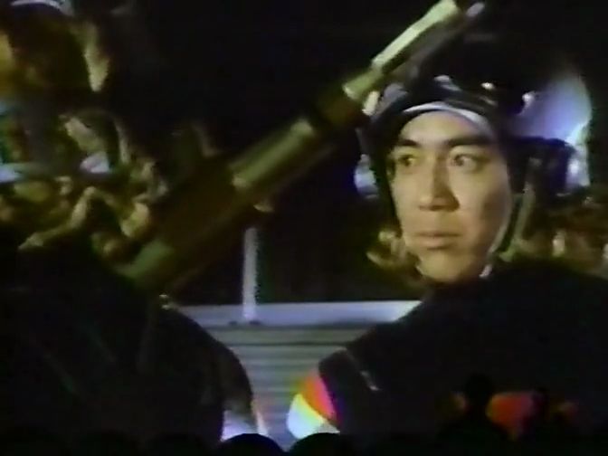 Screenshots from the MST3K episode of Fugitive Alien (from the KTMA version): Ken and his friend in their fancy wig-helmets.
