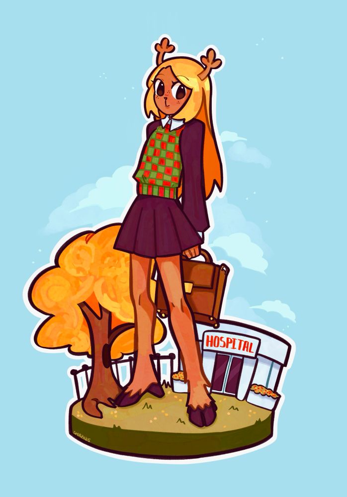 noelle from deltarune standing on a tiny, circular platform of land. she carries a brown leather school bag and stands slightly tilted towards the left. behind her is a fence, a tree with yellow leaves, and the hospital. the background is blue with light blue clouds.