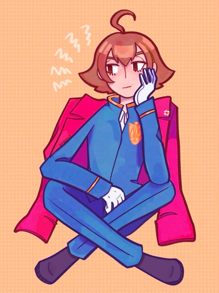 eustace winner / sebastian debeste sitting on the ground with his legs crossed, looking bored. bright orange/red/blue color palette