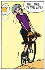 Calvin's dad in cycling gear riding a bike thinking "ahh, this is the life"