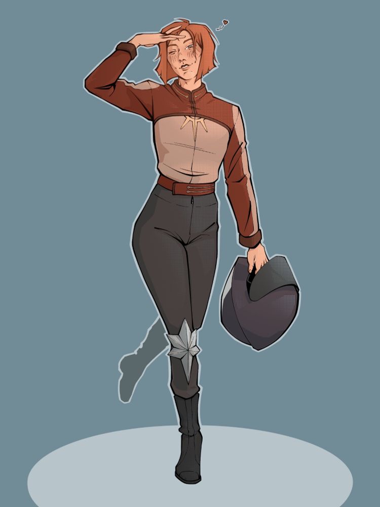 Digital fanart of Leliana from Dragon Age wearing biker attire, the design of which is mostly inspired by her chantry sister robes in Dragon Age Origins, and a bit by her Dragon Age Inquisition design. She is pictured mid walk, and holding a helmet in one hand while brishing her from her forehead with the other. She is smiling and winking. 