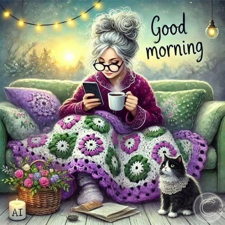 Eine Frau mit grauen Haaren und Brille sitzt auf der guckt aufs Handy und trinkt Kaffee. Sie hat eine Decke über ihre Beine gelegt. Die Katze hockt daneben 