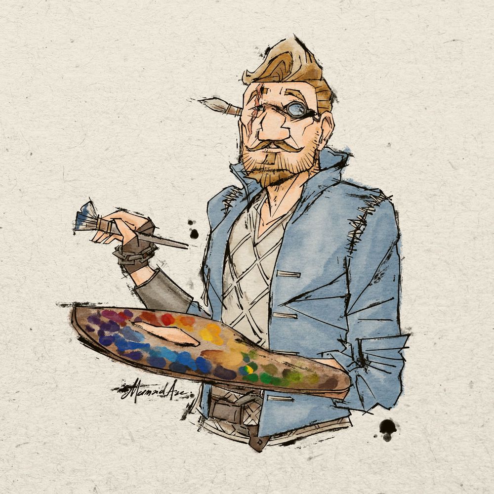 A digital ink art illustration of Keeper of Supplies Crewgles' Sea of Thieves player character posing like the famous picture of Bob Ross, in colours
