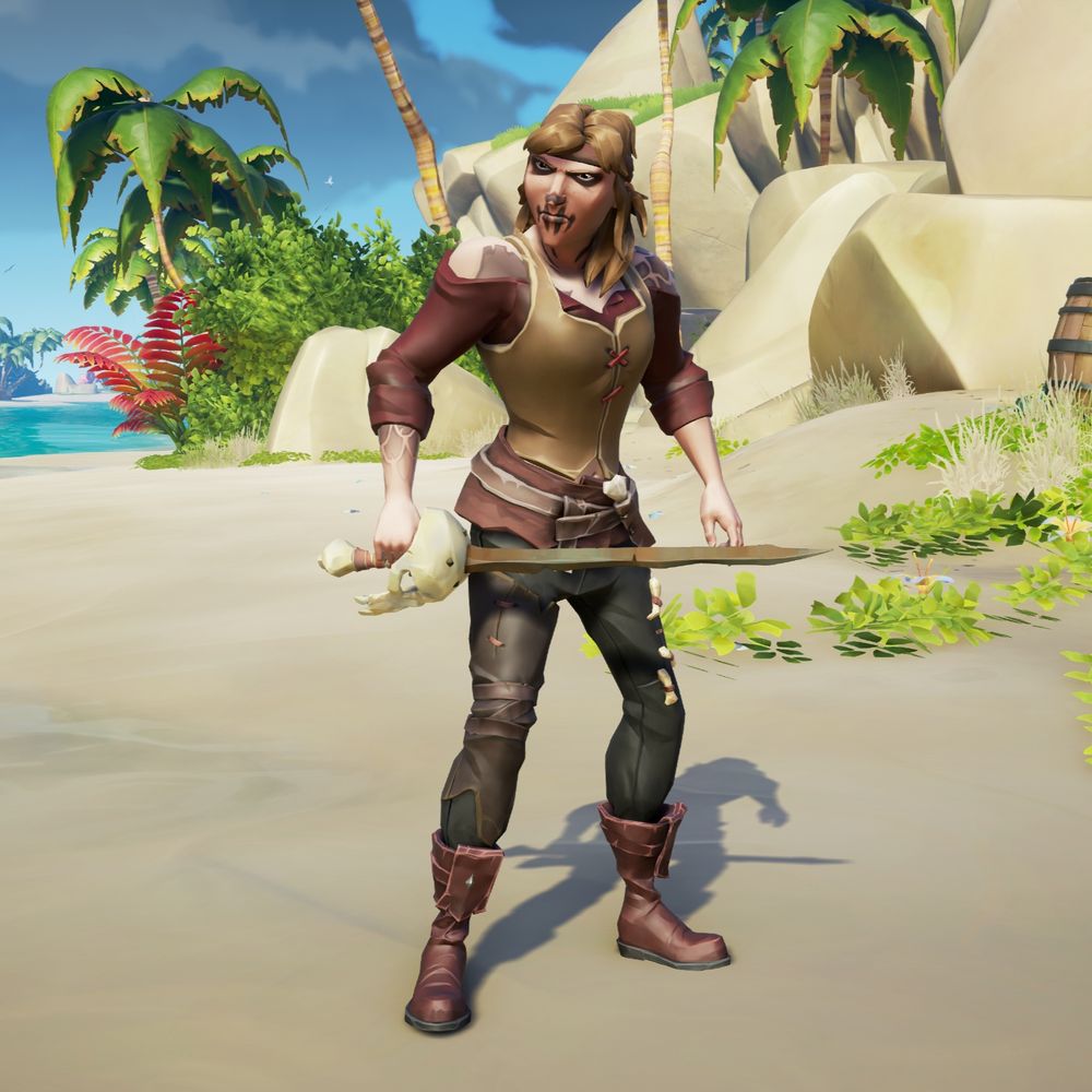 A submission for the "Apocalyptic" category of Sea of Thieves' "Style of Thieves" social event. The outfit is themed around an iron rust colour scheme with assortments of dark red and browns, decorated with poorly-attached bones and leather.