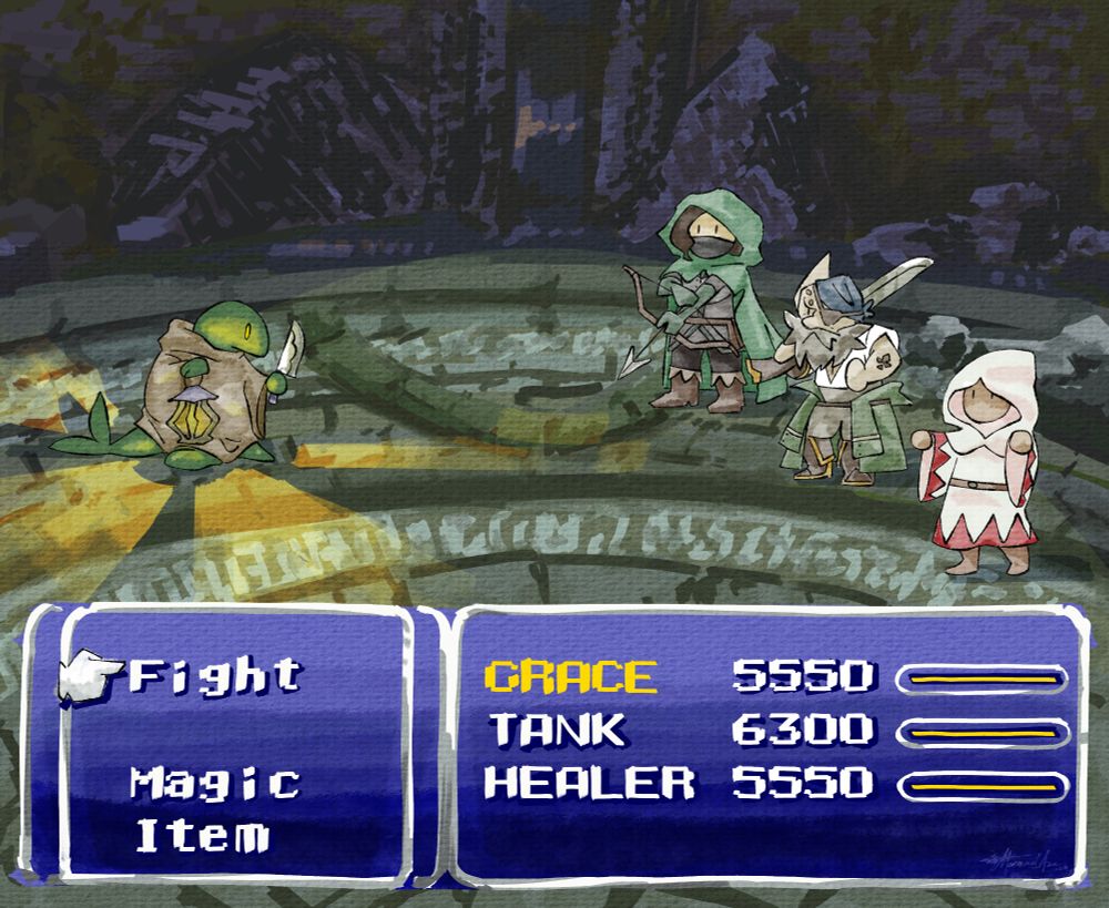 Final Fantasy VI-themed digital artwork depicting a party of an archer woman in a green hood, a gunblade-wielding bearded old man in sailor clothes and a white mage person in traditional robes fighting a Tonberry at the Wanderer's Palace from Final Fantasy XIV. This is an artfight attack submission in revenge to user Geezitsgrace