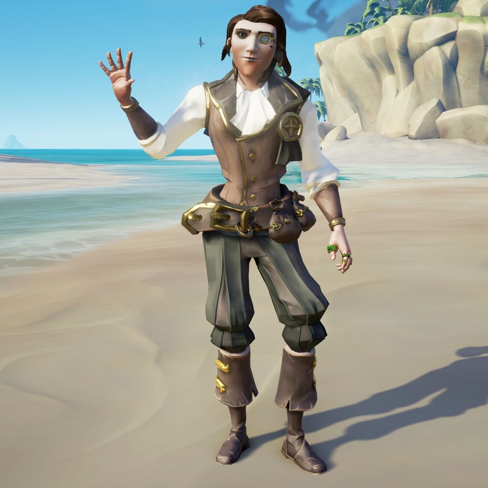 A submission for the "Debonair" category of Sea of Thieves' "Style of Thieves" social event. The character is wearing gold-trimmed brown and white victorian clothing complemented by a gold monocle and white nobility makeup