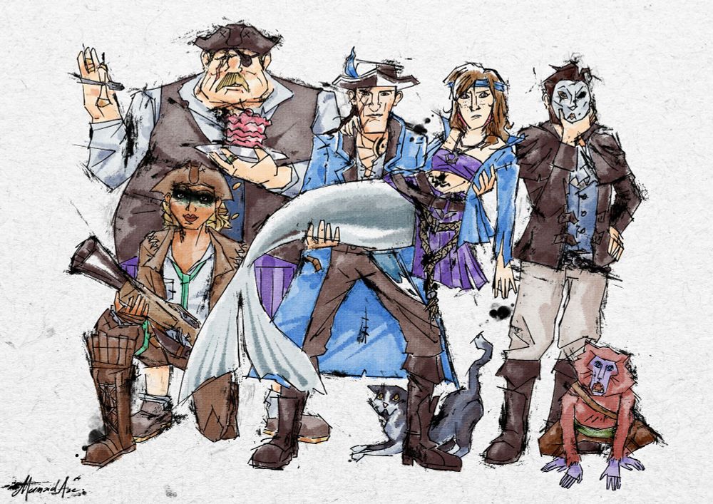 A digital ink art illustration depicting seven characters from the video game Sea of Thieves in colours. A man dressed in blue is lifting a mermaid wearing a matching jacket while a pirate in black garments covers his face with a white mask, a very large pirate in fancy clothes eats a pink cake and a woman in brown kneels down while holding a blunderbuss. A cavalier wildcat is stretching below the mermaid and a red sun barbary in a sea dog attire seems to be mind-blown by something unseen.