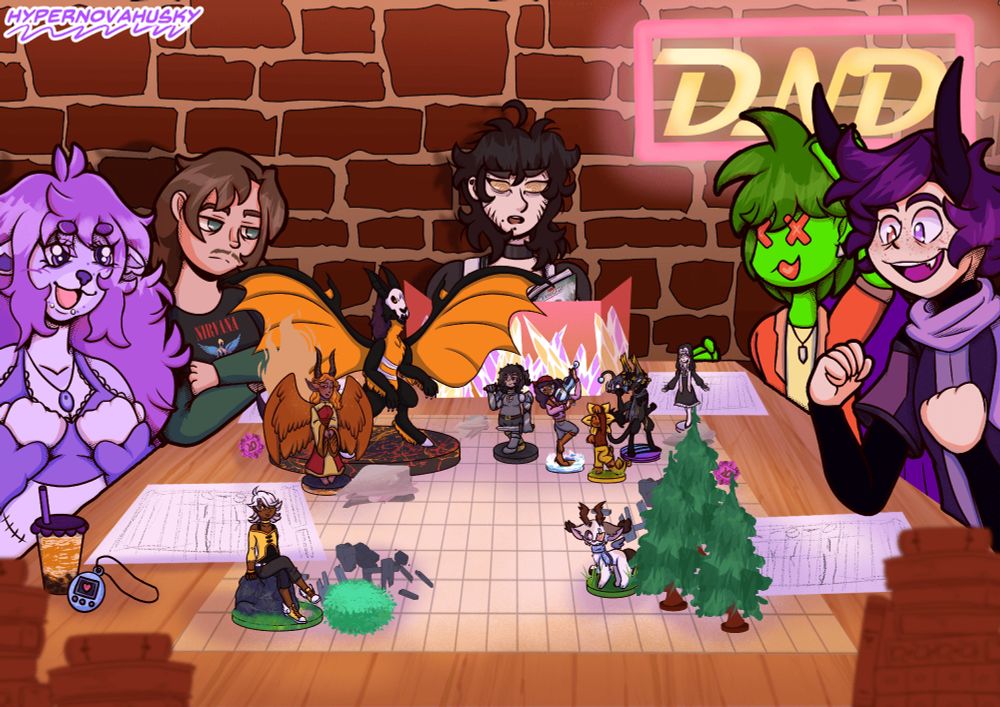 Mass attack based off a DND campaign featuring various members of Team Fossils and Crystals.

Five players are sitting around a table with their respective OCs. Their OCs in the campaign are fighting two characters, Conleth and Clair. There are also two NPCs, Latte and Roxy Vega.

Full list of OCs can be found here, along with the attack info:
https://artfight.net/attack/12385253.a-campaign-of-fossils-and-crystals