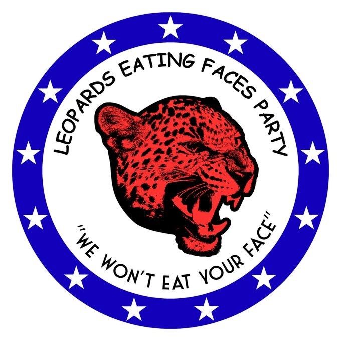 Logo for Leopards Eating Faces Party featuring a leopard head and the quote, "We won't eat your face." 