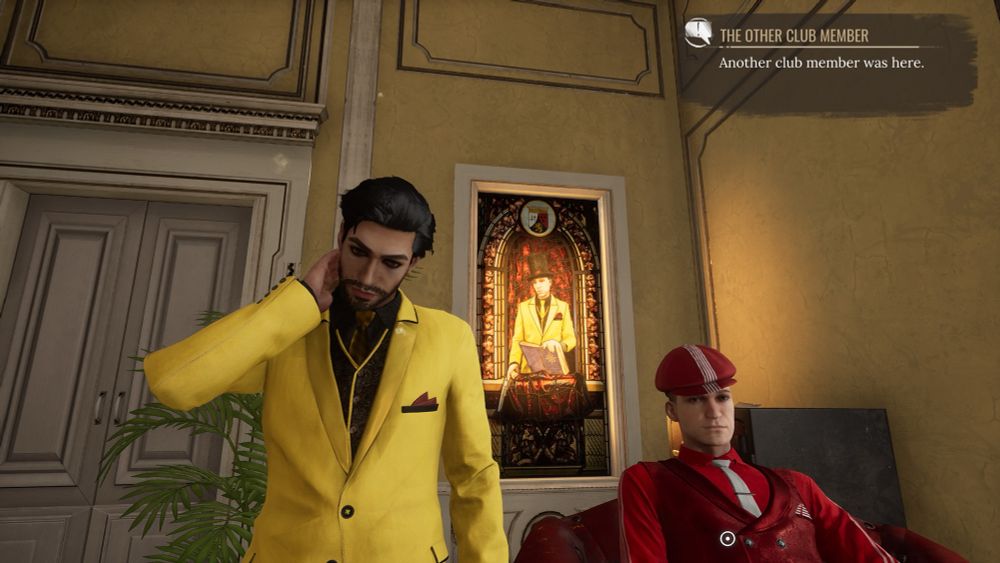 sherlock in a bright yellow suit standing next to jon in a bright red suit from sherlock holmes chapter one