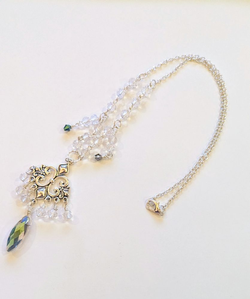 Sparkly beaded necklace with a chandelier focus 