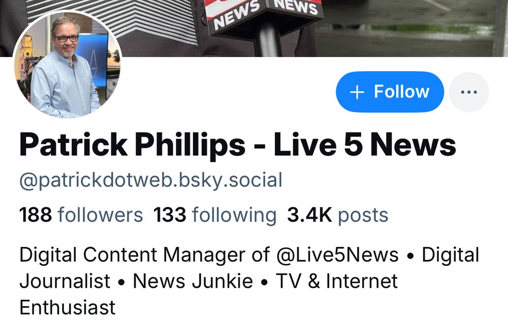 Patrick Phillips - Live 5 News @patrickdotweb.bsky.social
188 followers 133 following 3.4K posts
Digital Content Manager of @LiveNews • Digital Journalist • News Junkie • TV & Internet
Enthusiast