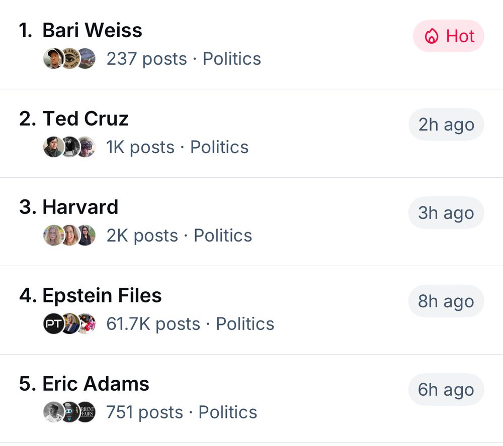a list of trending topics on bluesky.

1. Bari Weiss
237 posts • Politics
Hot

2. Ted Cruz
JDE 1K posts • Politics
2h ago

3. Harvard
D5R 2K posts • Politics
3h ago

4. Epstein Files
PT 61.7K posts • Politics
8h ago

5. Eric Adams
APa 751 posts • Politics
6h ago