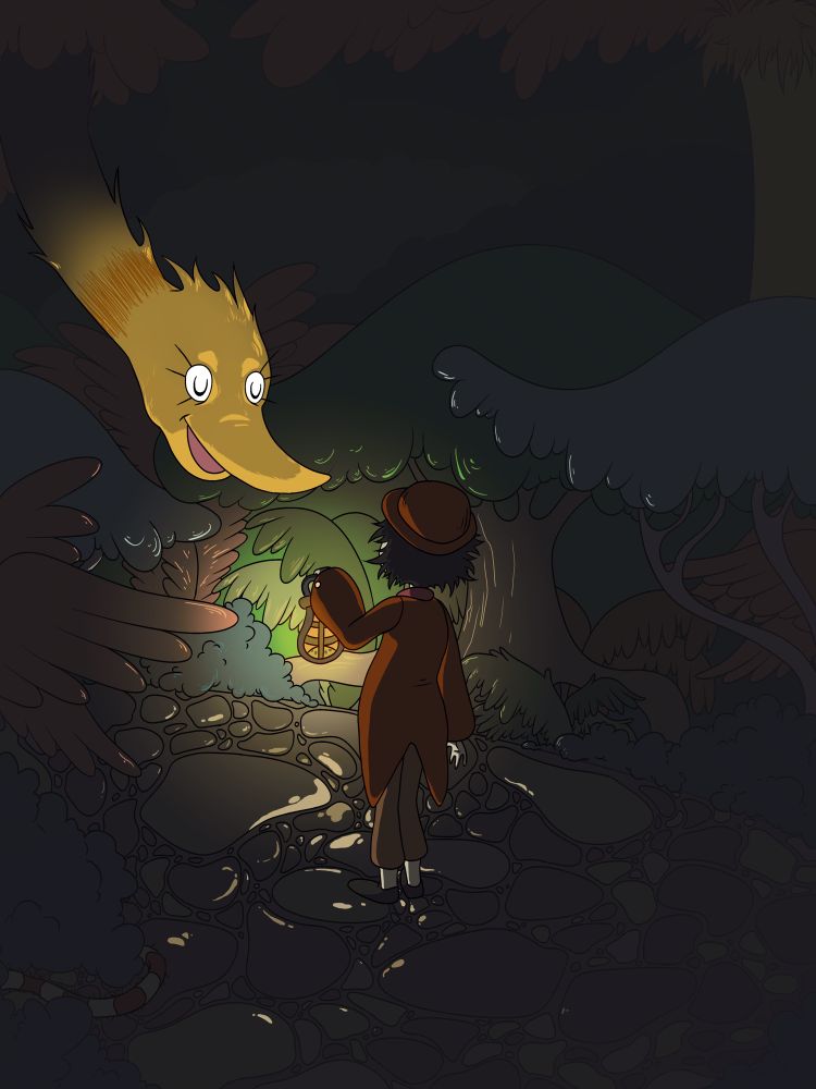 A man stands with his back facing the viewer, holding a lantern up in front of him. He has dark hair and a brown hat and coat. The light from the lantern illuminates a cobblestone floor and a variety of different feathery, multicolored plants all around him, as well as the looming, smiling face of a huge yellow creature looking directly at him.
