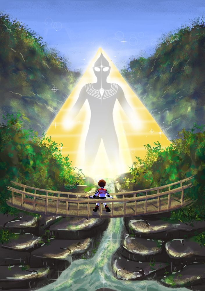 Ultraman Tiga's silhouette against the pyramid in the jungle. Daigo Madoka is looking up at the pyramid from a bridge