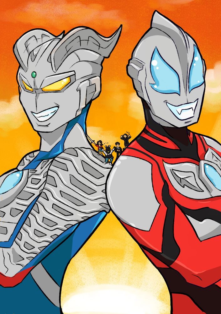The main cast of Ultraman Geed standing between Ultraman Zero's and Ultraman Geed's shoulders, smiling