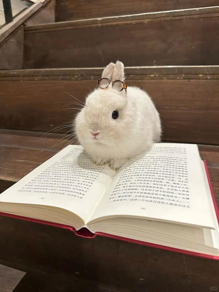 A small bunny wearing tiny glasses sits on an open book with Chinese text, resting on wooden stair.