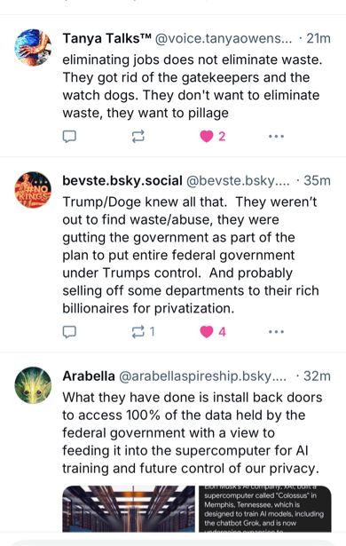 Replies made on Bluesky about the true mission of DOGE: it’s not about saving money, it’s about consolidating power, pillaging the government, and installing back doors to gain access to data of all kinds. 