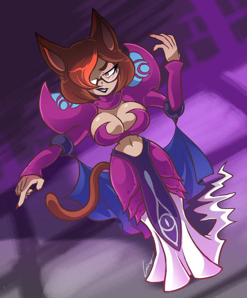 a busty catgirl dressed in the outfit of Veran from The Legend of Zelda: Oracle of Ages