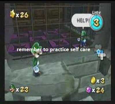 A screenshot from Super Mario Galaxy featuring Luigi discovering the imprisoned Luigi, with the accompanying text "remember to practice self care."