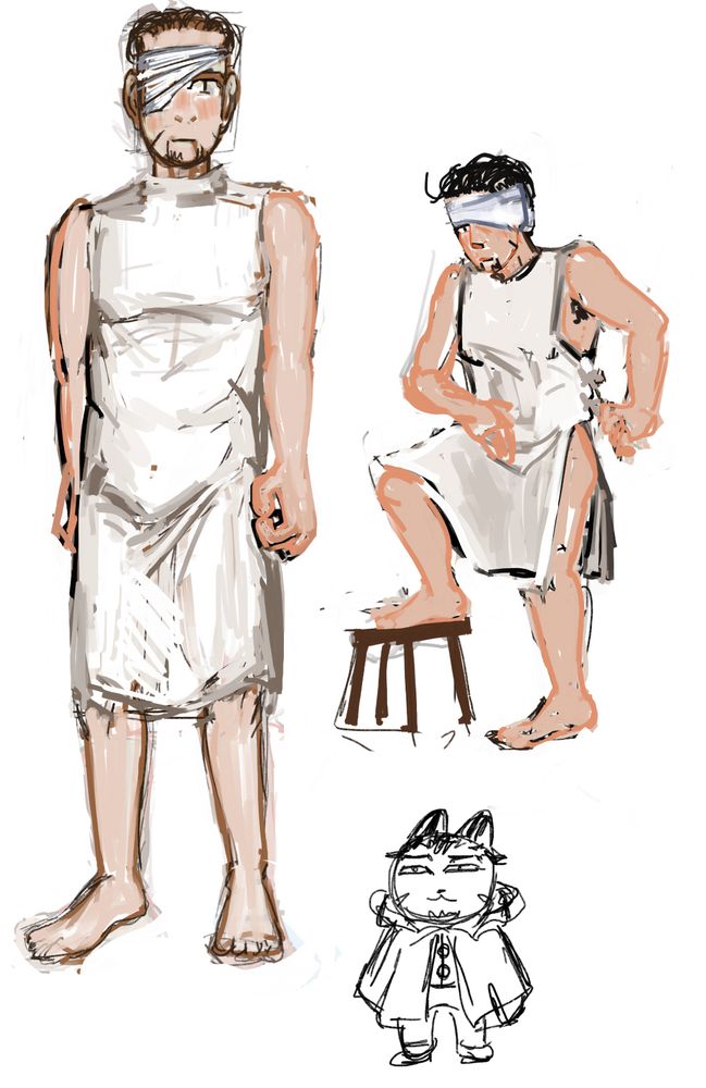 2 drawings of ogata in his hospital gown with his eye bandaged in one he is standing in the other he has his leg up on a stool and is gesturing to his side there is a shitty drawing of him as a cat in the bottom left corner