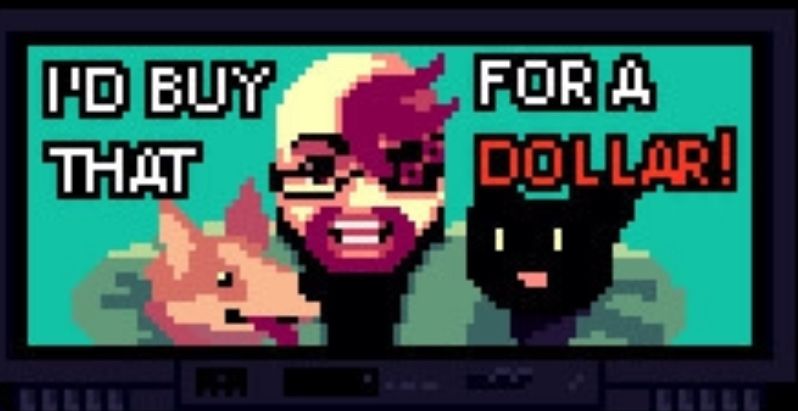 a fake ad from the game valhalla. there’s a man with silly hair and facial hair with a black cat and collie looking dog in his arms, text says “i’d buy that for a dollar!”