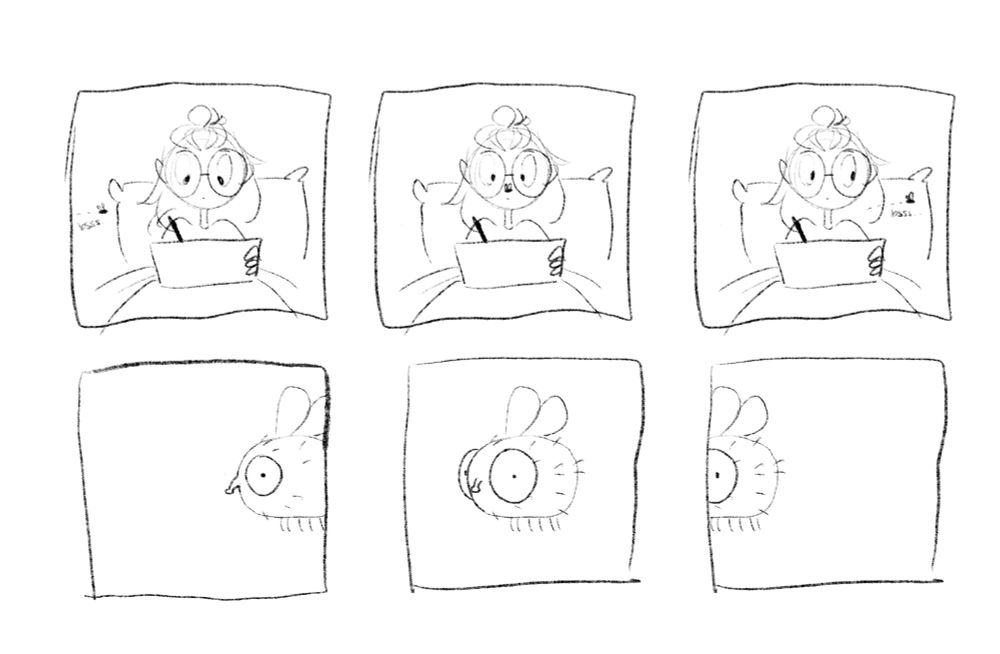 Frohe digitale Skizze eines Comics mit sechs Panels. Die oberen drei zeigen mich, wie ich im Bett am iPad zeichne und von links langsam eine Fliege reinfliegt, vor meinem Gesicht innehält und dann weiter langsam nach rechts rausfliegt und ich ihr mit den Augen folge. Die unteren drei Panels zeigen die Fliege sozusagen aus meiner Sicht wie sie träge von nahem ins Bild fliegt, den Betrachter und die Betrachterin dann intensiv anguckt und aus dem Bild wieder rausfliegt und weiter Blickkontakt hält 
