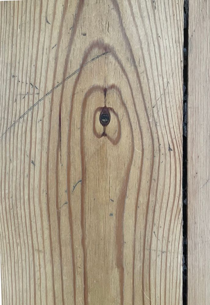 Foto vom Dielenfußboden. Man sieht eine prägnante Maserung mit Astloch im Holz 