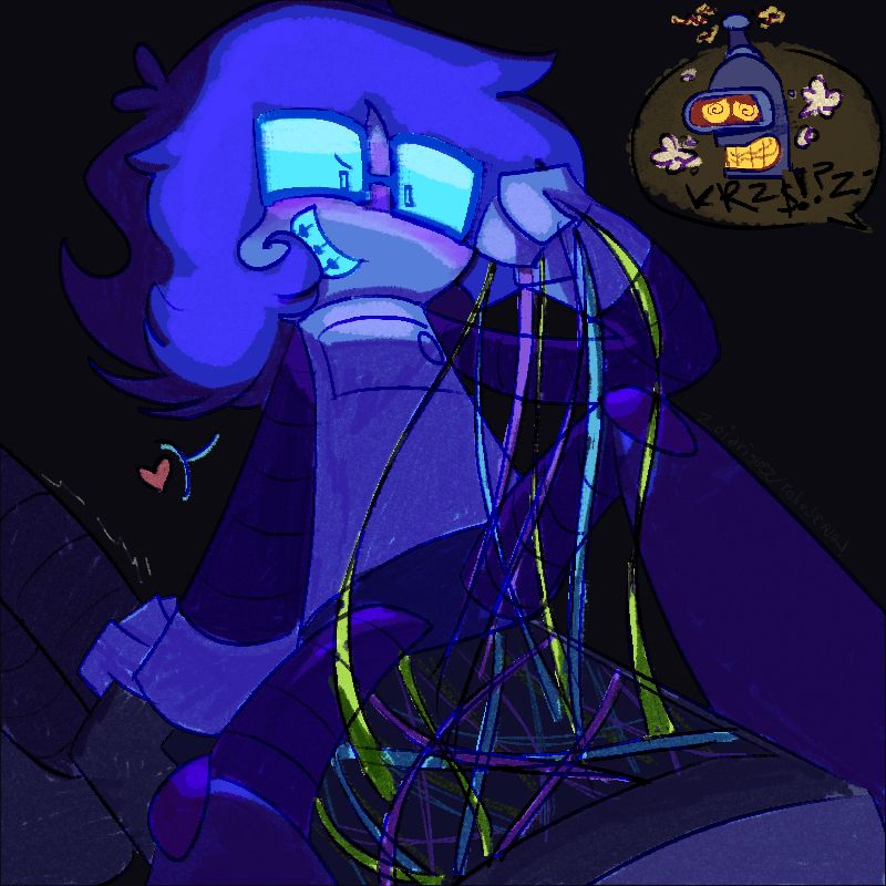 Luce sitting on benders stomach, pulling his wires with an only SLIGHTLY deranged look on their face