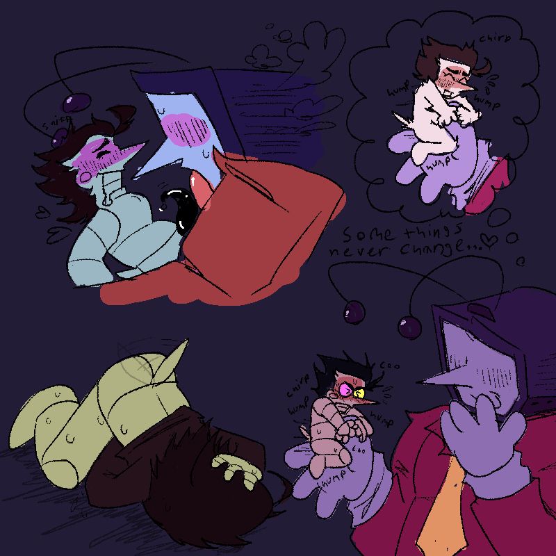 top left - spamton and tenna, tennas licking spams tentaclit and sniffing his hair with his antennae
bottom left - spam on the floor, one hand holding his head and the other between his legs. he’s sweating profusely
bottom right - spam desperately humping tens hand, while tens looks at him lovingly, remembering him doing the same thing in their bigshot era. he thinks ‘some things never change…’