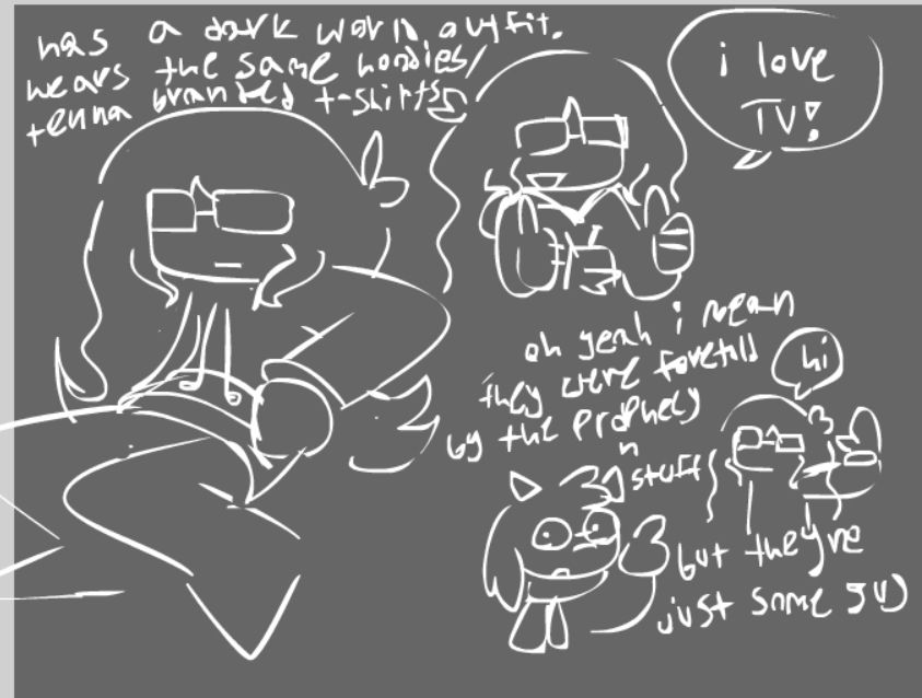 lucy chillin. “has a dark world outfit, wears the same hoodies / tenna branded t-shirts” 
top right - lucy giving double thumbs up, wearing a tenna branded hoodie. “i love tv!”
bottom right - ralsei pointing at lucy, who’s waving and saying hi. “oh yeah i mean they were foretold by the prophecy n stuff but they’re just some guy”
