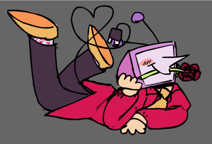 tenna layin down and kickin his feet. his hands is resting on his head and he has a rose in his mouth. his socks have hearts in them and his tail is making a heart shape
