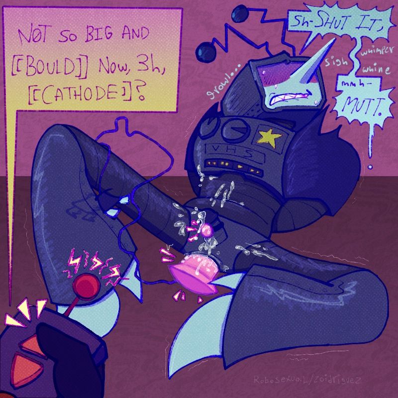 defernull tenna sitting down with his legs spread, looking away, flustered. he has a vibrating dildo in his ass and a bullet vibe strapped to his frenulum, and he’s covered in his own cum. spamton is offscreen, increasing the intensity of the vibes with a remote. 
spam - ‘N0T SO BIG AND [[BOULD]] NOW, 3h, [[CATHODE]]?’
tens [while growling and whining] - ‘Sh- SHUT IT, mmh- MUTT.’