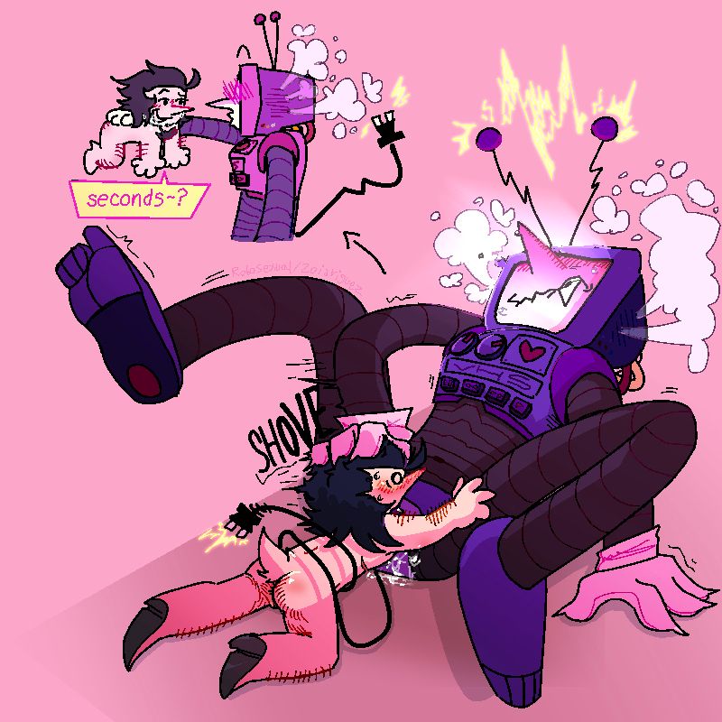spamton eating tenna out. tenna has his head thrown back and is biting his lip while shoving spamtons face in his crotch, his tail wrapped around him and steam pouring from his vents. spamtons a little surprised, holding onto his thigh. 
top left- tenna holding spamton up, very flustered. spamton has a seductive look on his face while covered in tennas fluids. “seconds~?”