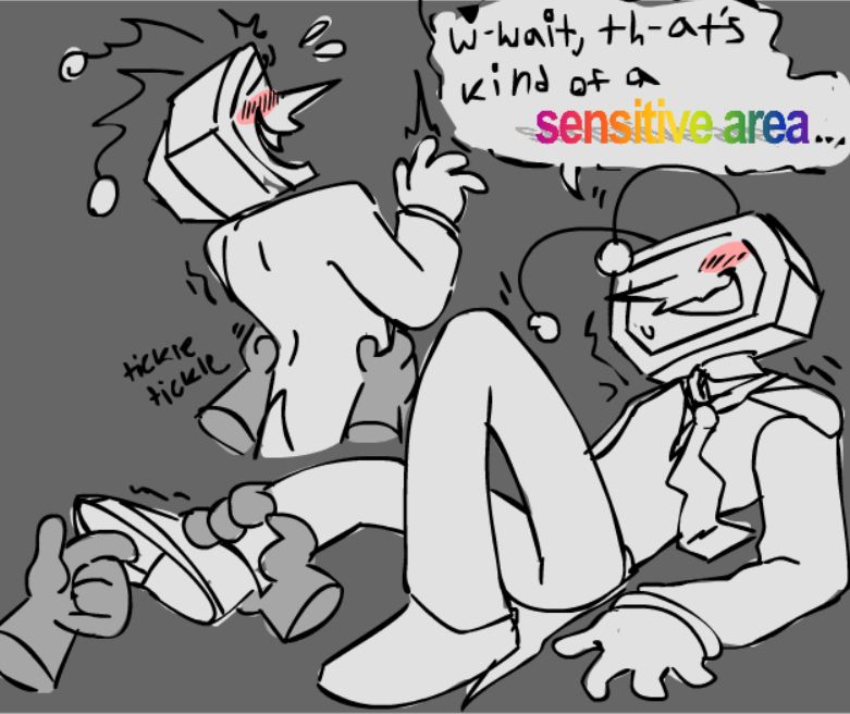 top left - tenna being tickled on his sides from behind. he has his hand up in surprise. his fangs are showing and his antennas are prickly
bottom right - tenna outstretched. he gripping the floor and one of his shoes is off, said foot being held by one hand and another dragging a finger up his sole. “w-wait, th-at’s kind of a [/word art/] Sensitive Area…”