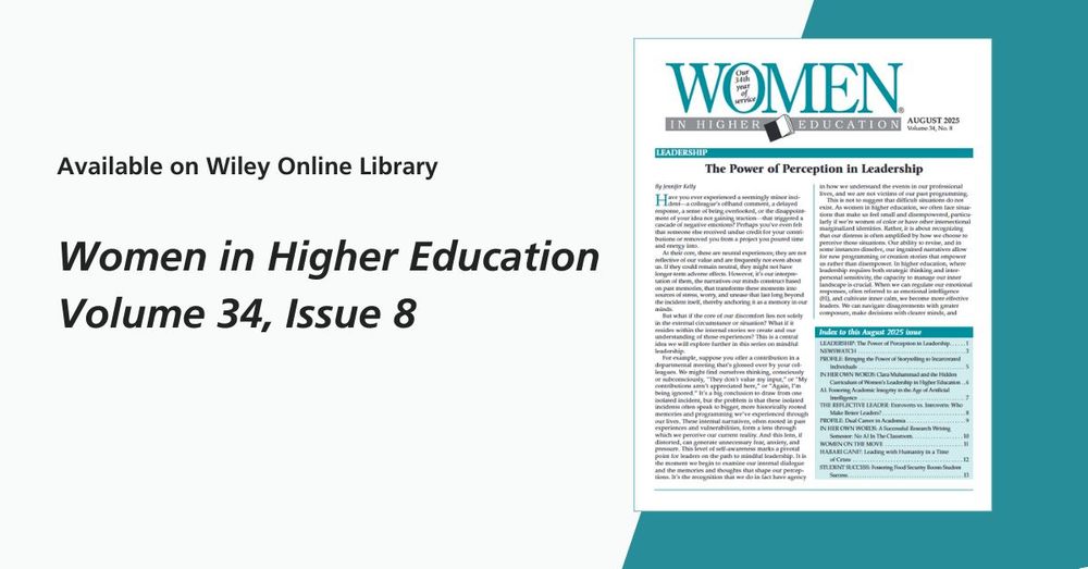 Blue and white title card with image of Women in Higher Education newsletter. Text reads "Available on Wiley Online Library: Women in Higher Education Volume 34, Issue 8"