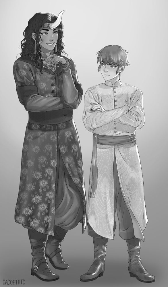 A digital greyscale shaded drawing of two men standing together. The taller one, Edham has jewellery and brown skin, including a circlet that frames a horn emerging from the centre of his forehead like a unicorn. He has long wavy hair and an easygoing, amused expression. He smiles at the shorter one, Joska, who is stubbornly crossing his arms and staring back. He has paler skin with what looks like slight facial freckling or flushing. Both are in traditional dress with hand-rendered patterns. Edham wears Ottoman-style clothing with a paisley-like appearance, and Joska wears a lighter, Hungarian coat with a more rigid floral pattern.