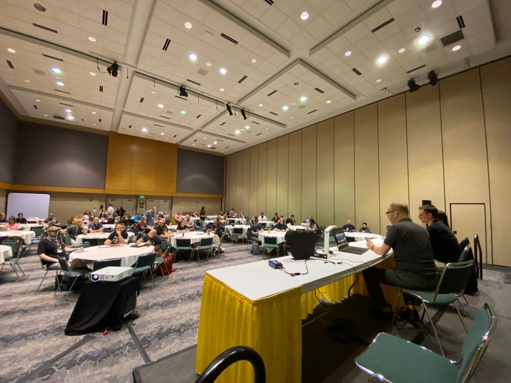 A conference room from the view of the presenters.