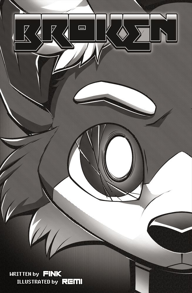The cover of Broken, featuring a close-up of the right side of Sebby's face with a visible crack in his eye. Written by Fink, Illustrated by Remi.