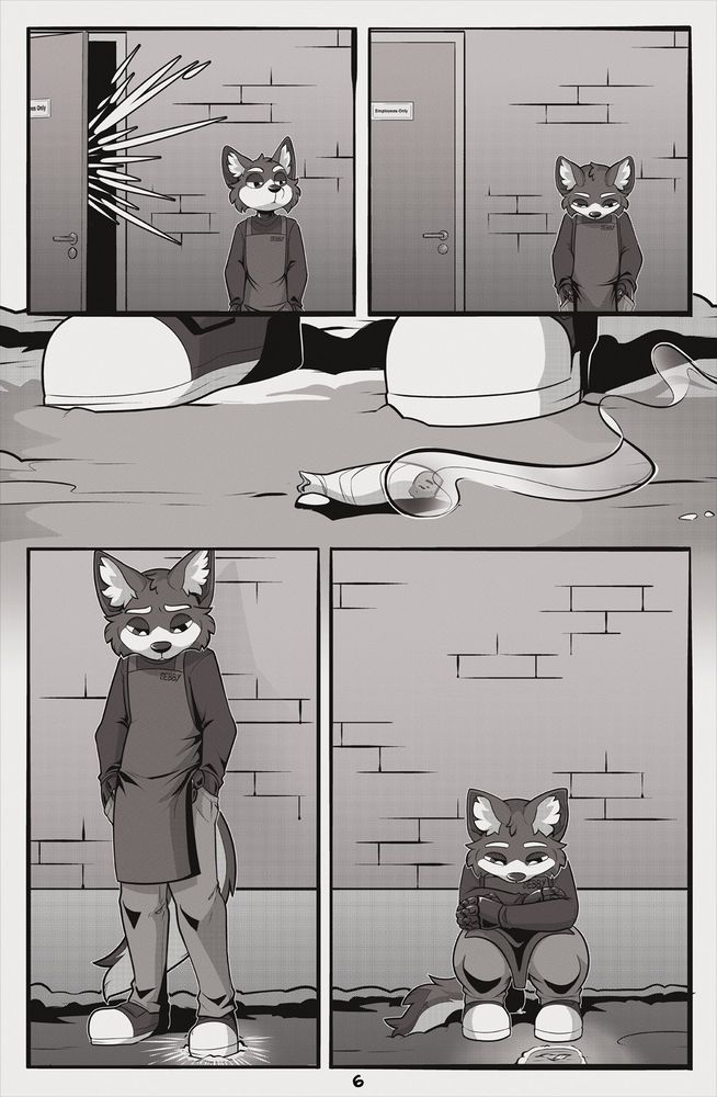 The sixth and final page of the short prologue comic, Smoke Break. The opening panel shows the door to the diner that Pepper entered on the last page, with noise coming from inside while Sebby looks away, disconnected. The next panel shows the door closed and Sebby looking down at the ground. The middle frame shows the joint that Pepper was smoking, tossed to the ground and still lit. The next panel shows Sebby stepping on the lit joint, snuffing it out and looking forlorn. The final panel shows Sebby sliding down to rest on his knees, arms crossed and staring at the ground. 