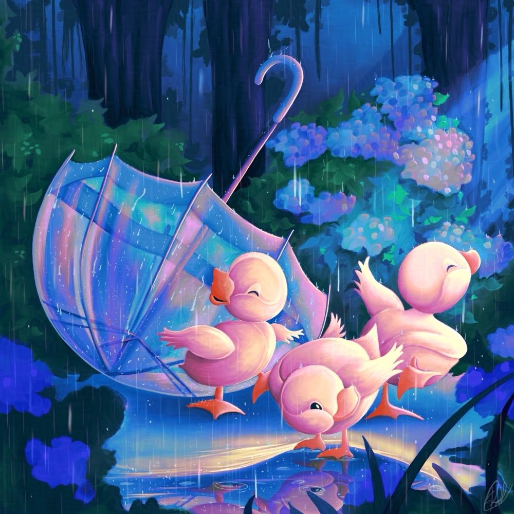 3 little duckies dancing in the rain next to an umbrella turned on its head! - Art by Paulette Arochena