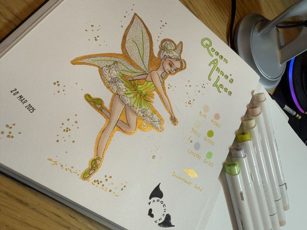 Traditional art inside a sketchbook of a ballet dancing fairy whose tutu is made of queen Anne’s lace flowers. She’s also surrounded in lace! - Art by Paulette Arochena