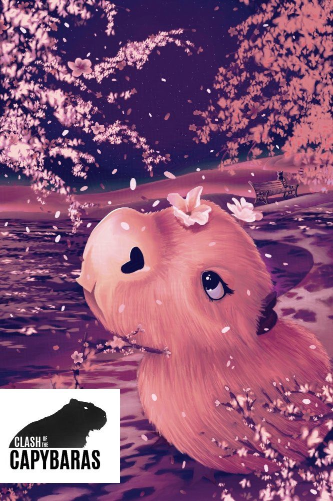 Clash of the capybaras trading card game card by Paulette Arochena - Featuring a pink capybara sitting under a cherry blossom tree with a marital bench in the background that has a black kitty sitting on it.