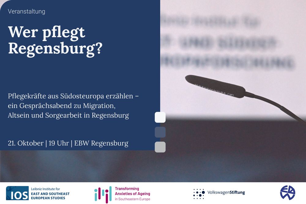 Veranstaltungsankündigung "Wer pflegt Regensburg?" am 21. Oktober, 19 Uhr im EBW Regensburg. Gesprächsabend mit Pflegekräften aus Südosteuropa zu Migration, Altsein und Sorgearbeit in Regensburg.