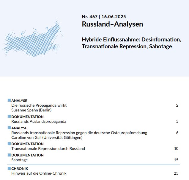 Titelseite der Russland-Analysen Nr. 467 vom 16.06.2025 mit dem Thema "Hybride Einflussnahme: Desinformation, Transnationale Repression, Sabotage". Das Inhaltsverzeichnis zeigt verschiedene Analysen und Dokumentationen zu russischer Propaganda, transnationaler Repression und Sabotage.