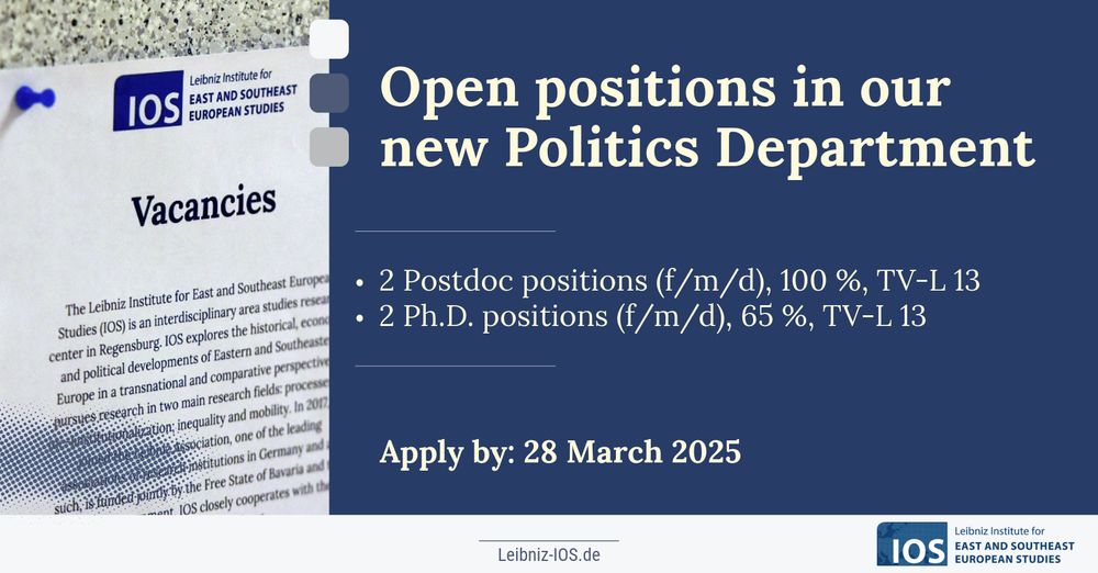 Banner mit Text: 
Open positions in our new Politics Department
Apply by: 28 March 2025
• 2 Postdoc positions (f/m/d), 100 %, TV-L 13
• 2 Ph.D. positions (f/m/d), 65 %, TV-L 13